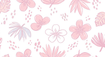 Obraz premium Floral pattern with pink leaves and flowers on white background 
