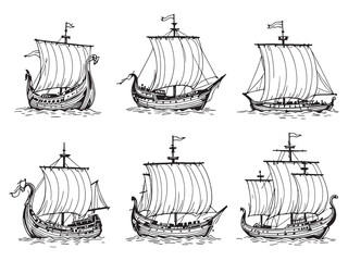 viking sail ship with intricate line art design