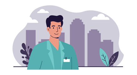 Friendly doctor portrait illustration, perfect for healthcare websites, brochures, presentations, and marketing campaigns, featuring a flat design style against a cityscape backdrop.