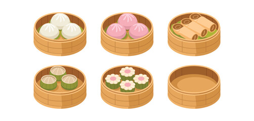 Assorted Steamed Dim Sum in Bamboo Baskets