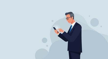 A man in a suit is standing and using a smartphone, with a light blue background and scattered bubbles. Suitable for landing page, banner, marketing, web design, presentation, infographic, etc.