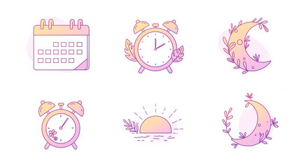 Collection of pastel alarm clocks, calendar, moon, and sun icons  