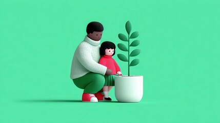Black father and daughter nurturing a plant together in a bright and colorful setting. Child Support Awareness Month