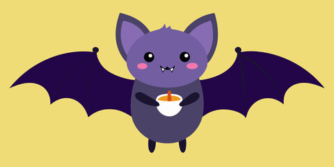 Fototapeta premium A cute cartoon black bat, a funny mammal, loves a domestic cat