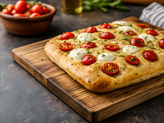 Delicious homemade focaccia with cherry tomatoes and mozzarella. Tasty food background
