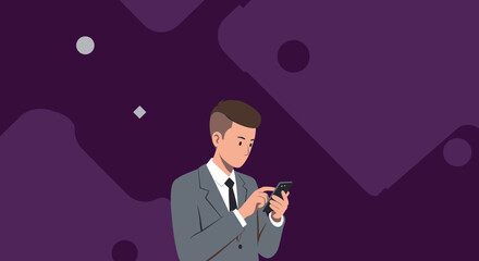 a man in a suit looking at his smartphone. Suitable for landing page, banner, marketing, web design, presentation, infographic, etc.