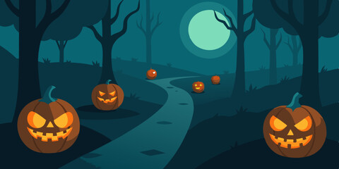 Fototapeta premium Spooky Halloween night background with pumpkins, bats, and a tree silhouette illustration perfect for an October party celebration