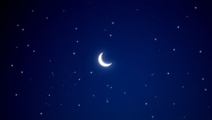 Bright crescent moon shines in a dark blue night sky filled with twinkling stars