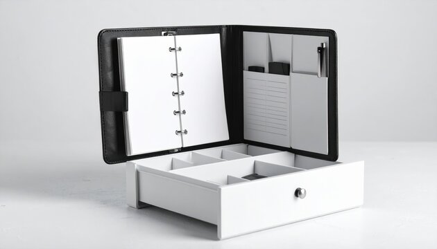Modern black and white organizer with empty pages and compartments for office supplies