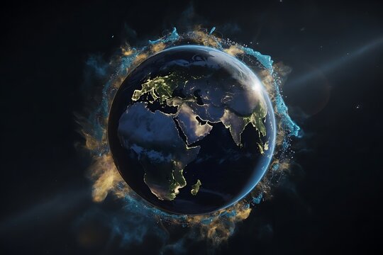 The earth glows with the lights of cities at night surrounded by a vibrant nebula of blue and gold energy and swirling cosmic dust in deep space