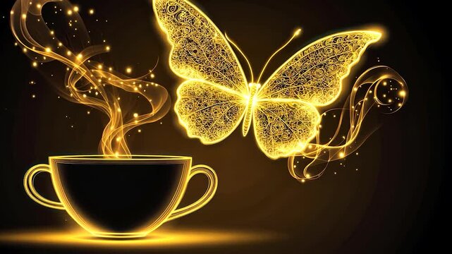 Golden butterfly and coffee cup graphic