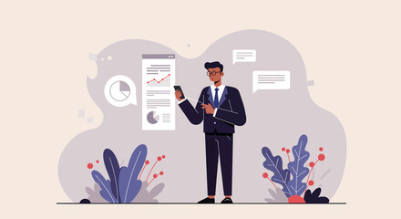 a man in a suit standing next to a plant