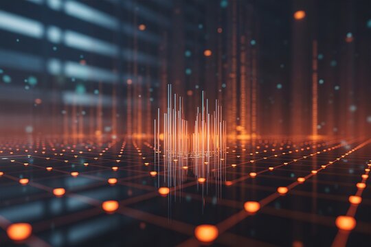 Abstract digital network grid with glowing orange nodes and vertical data streams representing futuristic technology and connectivity in a dark environment