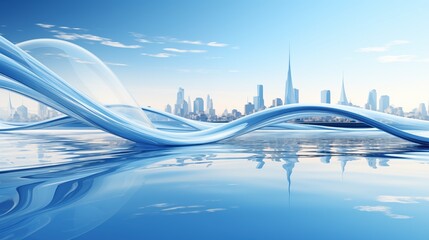 Futuristic cityscape of skyline with sleek skyscrapers against a blue background and flowing water waves. Abstract digital with clean modern aesthetic, depth, perspective, and subtle reflections