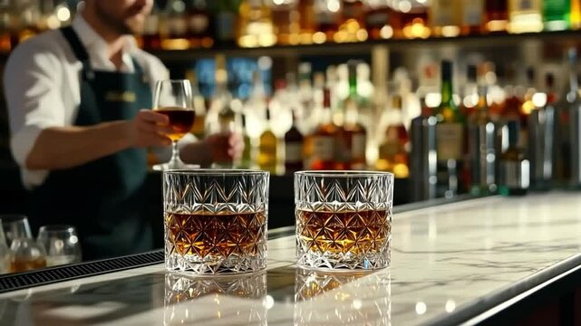 This footage showcases a refined bar scene. Two whiskey glasses rest on the counter while a bartender prepares to serve. Perfect for projects about luxury and leisure. Generative AI