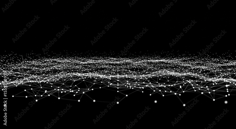 Poster abstract network of white dots and lines on a black background in a wavy pattern formation visible