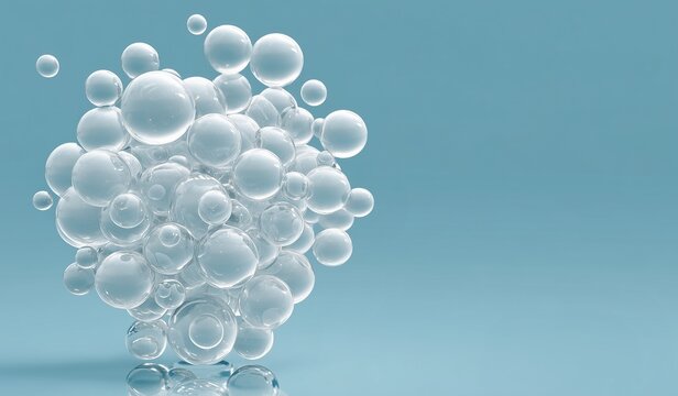 3D rendered glass spheres floating on light blue background, minimalist close-up showcasing clear textures and delicate shapes with soft yet strong lighting