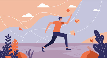 a man in an orange shirt and blue pants running through a landscape with a cloudy sky, plants, and rocks. Suitable for landing page, banner, marketing, web design, presentation, infographic, etc.