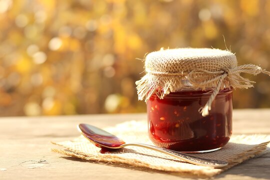 A jar of homemade berry jam with a burlap lid sits on a rustic wooden table next to a spoon filled with jam with a soft bokeh background of autumn foliage