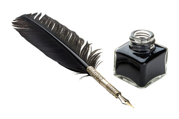 A black quill pen and an ink bottle isolated on white background AI Generated