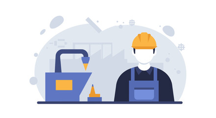 a worker wearing a hard hat and blue overalls standing next to a blue machine with a yellow handle. Suitable for landing page, banner, marketing, web design, presentation, infographic, etc.