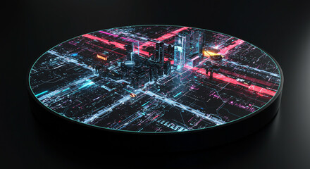 Obraz premium Futuristic city on a circular platform with neon lights and dark background in a digital rendering