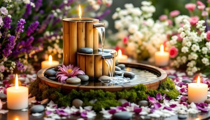 Candles and stones are sitting on a bamboo raft with water