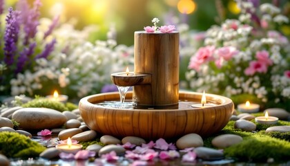 Candles and stones are sitting on a bamboo raft with water