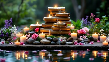 Candles and stones are sitting on a bamboo raft with water