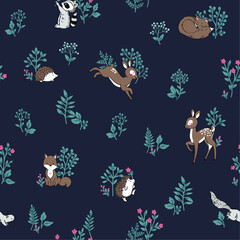 Whimsical cute forest woodland animals seamless textile pattern print