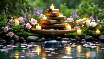 Candles and stones are sitting on a bamboo raft with water