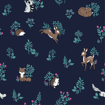Whimsical cute forest woodland animals seamless textile pattern print