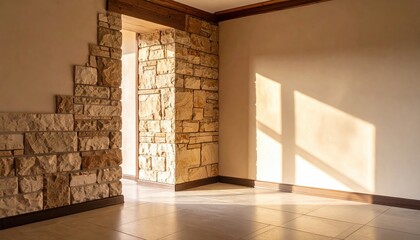 Sunlight streaming through a doorway in a rustic stone-walled room with warm tones