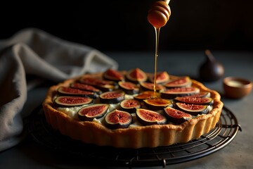 Fresh Fig Tart with Honey Drizzle – on Cooling Rack with Dark Background and Moody Food Photography Style