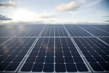 Vast expanse of photovoltaic solar panels stretching towards a cloudy sky reflecting the light and symbolizing renewable energy generation and sustainability