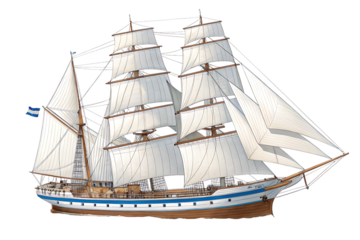 A detailed illustration of a three masted sailing ship with white sails, brown hull, and blue accents, set against a white background PNG