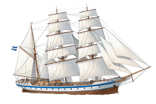 A detailed illustration of a three masted sailing ship with white sails, brown hull, and blue accents, set against a white background PNG