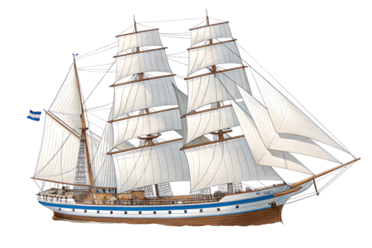 A detailed illustration of a three masted sailing ship with white sails, brown hull, and blue accents, set against a white background PNG