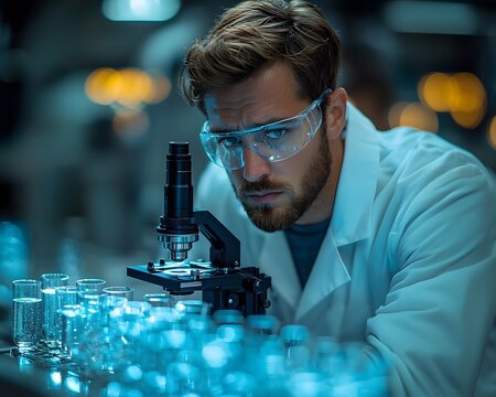 Scientist examining water droplet under microscope in lab