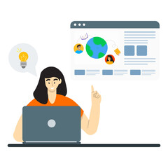A woman using laptop and sharing his idea to his global friends. Online education concept.