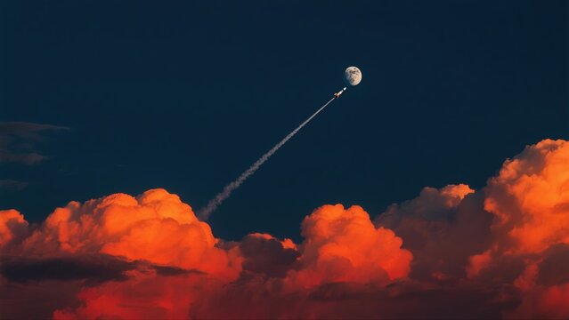 rocket ascending into night sky with moon