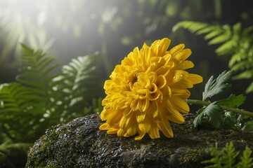 A vibrant yellow chrysanthemum flower with dew drops rests on a moss covered rock illuminated by soft sunlight filtering through lush green ferns and foliage in a serene forest setting