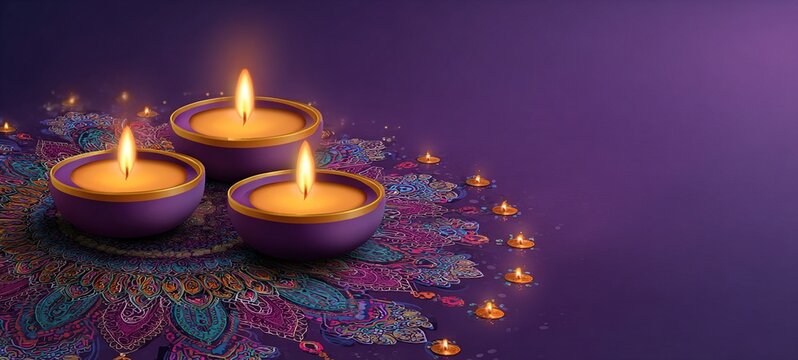 Realistic poster of happy diwali holiday with glowing diya candles on purple background. Traditional hindu festival with floral mandala. Indian religious celebration with burning lamps, rangoli design