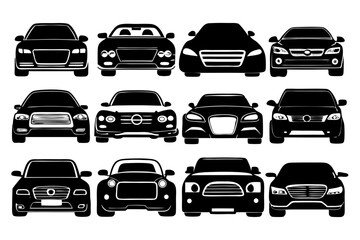 Obraz premium Minimalist Car Silhouettes Set – Front View Black and White Automotive Icons Collection