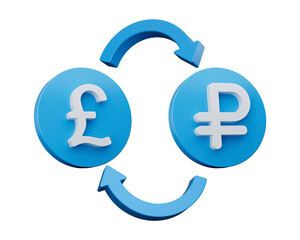 Fototapeta premium 3d White Pound And Ruble Symbol On Rounded Blue Icons With Money Exchange Arrows, 3d illustration