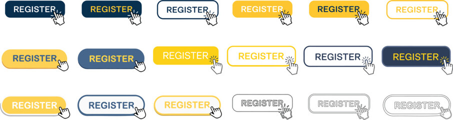 Register Now Button Set. Vector buttons for registration in services, blogs, websites. User interface web buttons in flat style for UI, mobile app, web