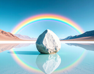 Obraz premium A large, smooth white rock stands prominently in the center of a calm, turquoise-colored lake, reflecting its image. A vibrant rainbow arcs gracefully over the scene, which is framed by distant mounta