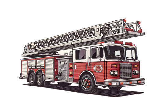 Fire Truck with Ladder, engraving woodcut illustration white background AI GENETETED.