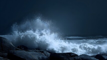Low angle photo of ocean wave violently crashing against rocky coastline during gale sea spray everywhere extreme marine weather dark aquatic storm sky background  