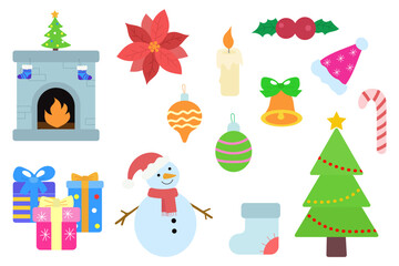 Christmas theme set isolated on a white background. Vector illustration for card, invitations and christmas decor. Christmas tree, snowman, gift box, fireplace, new year decor.